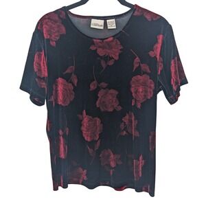 Whimsigoth Top Womens Medium Black Red Rose Velvet Burnout Dark Romantic Blouse